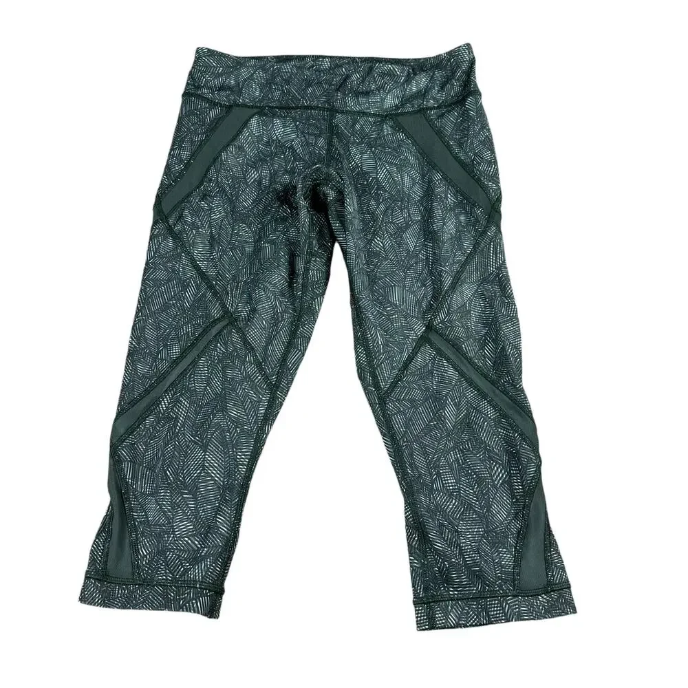 LULULEMON Green White Palm Tree Mesh Inset Cropped Leggings‎ Women's Size 6